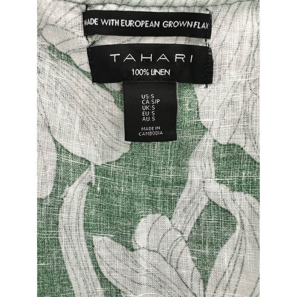 Tahari Womens Green Floral 100% Linen Cropped Blouse Trim Balloon Sleeve Small - Picture 4 of 9